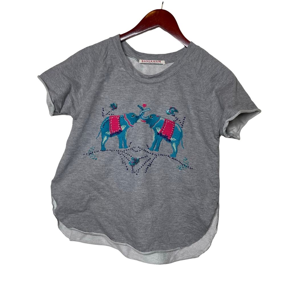 Banjanan Embroidered Elephant Pullover Short Sleeve Tee Shirt Gray Womens XS